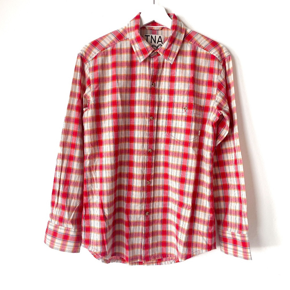 ARITZIA TNA 100% Cotton Lightweight Button-Up Shirt Long Sleeve Plaid Size XS